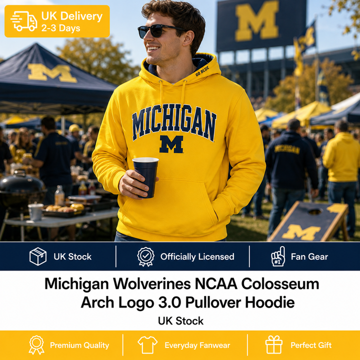 Michigan Wolverines NCAA Colosseum Arch Logo 3.0 Pullover Hoodie – Maize – Large (UK Stock)