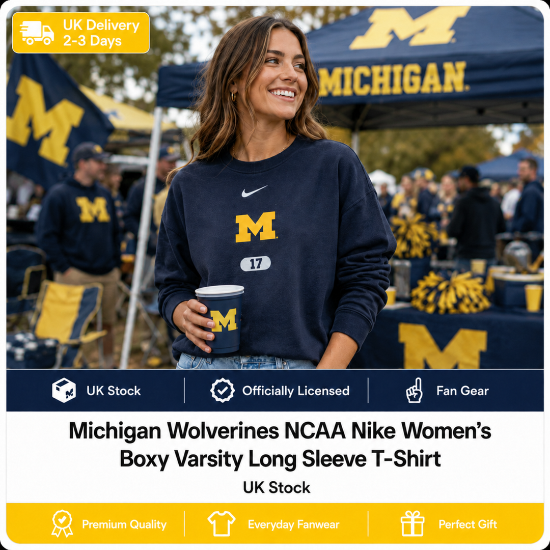 Michigan Wolverines NCAA Nike Women’s Boxy Varsity Long Sleeve T-Shirt – Royal – Medium (UK Stock)