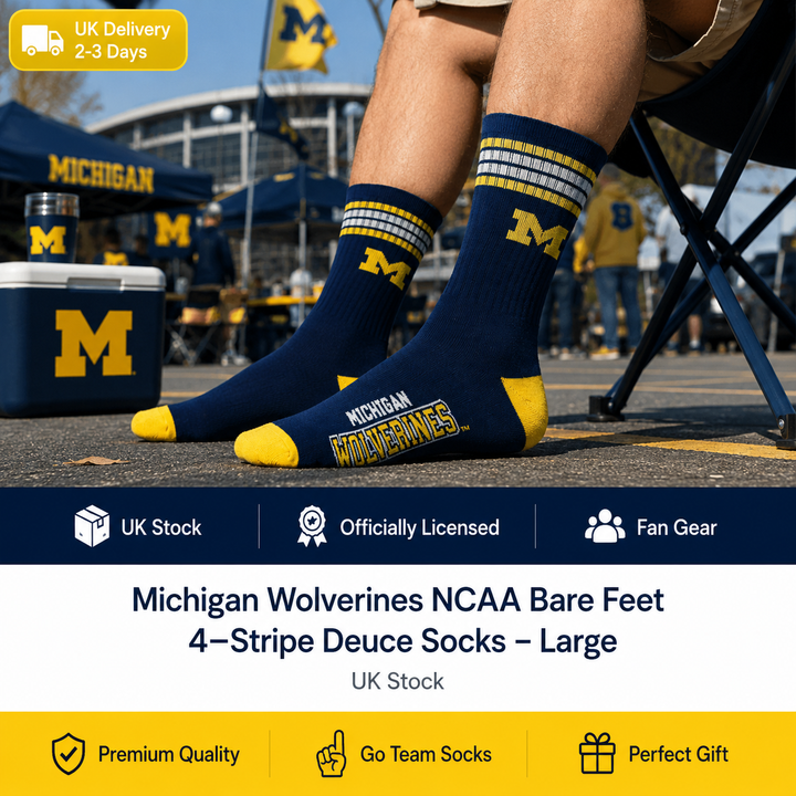 Michigan Wolverines NCAA Bare Feet 4-Stripe Deuce Socks – Large (UK Stock)
