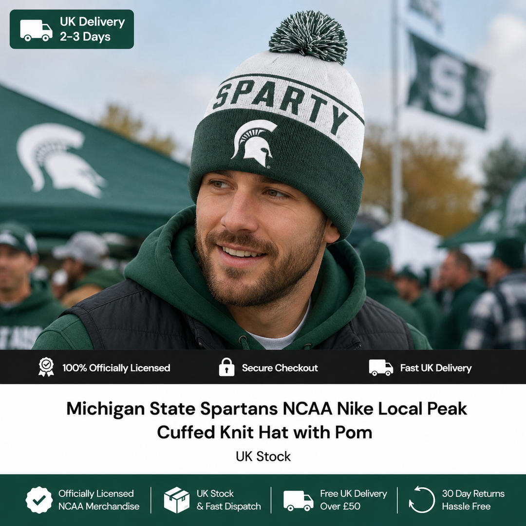 Michigan State Spartans NCAA Nike Local Peak Cuffed Knit Hat with Pom – White/Green (UK Stock)