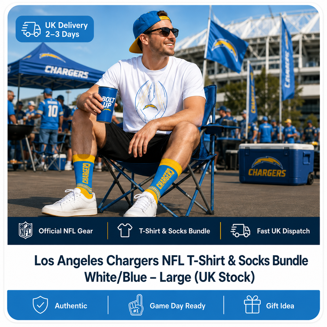 Los Angeles Chargers NFL T-Shirt &amp; Socks Bundle – White/Blue – Large (UK Stock)