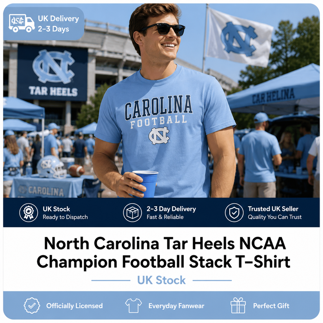 North Carolina Tar Heels NCAA Champion Football Stack T-Shirt – Carolina Blue – 2XL (UK Stock)