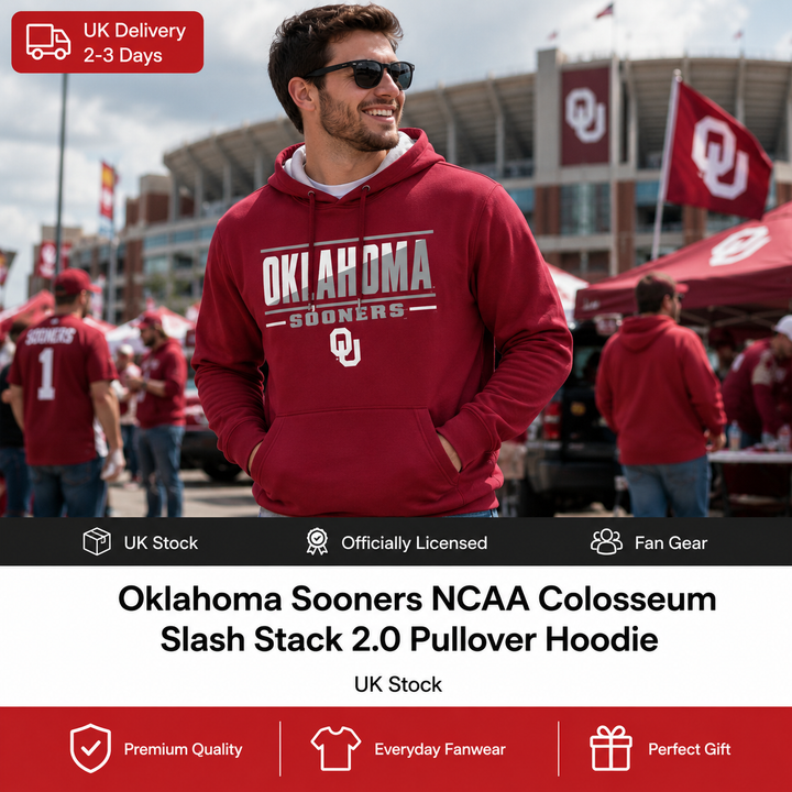 Oklahoma Sooners NCAA Colosseum Slash Stack 2.0 Pullover Hoodie – Crimson Medium (UK Stock)