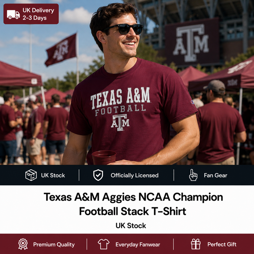 Texas A&amp;M Aggies NCAA Champion Football Stack T-Shirt – Maroon – Medium (UK Stock)
