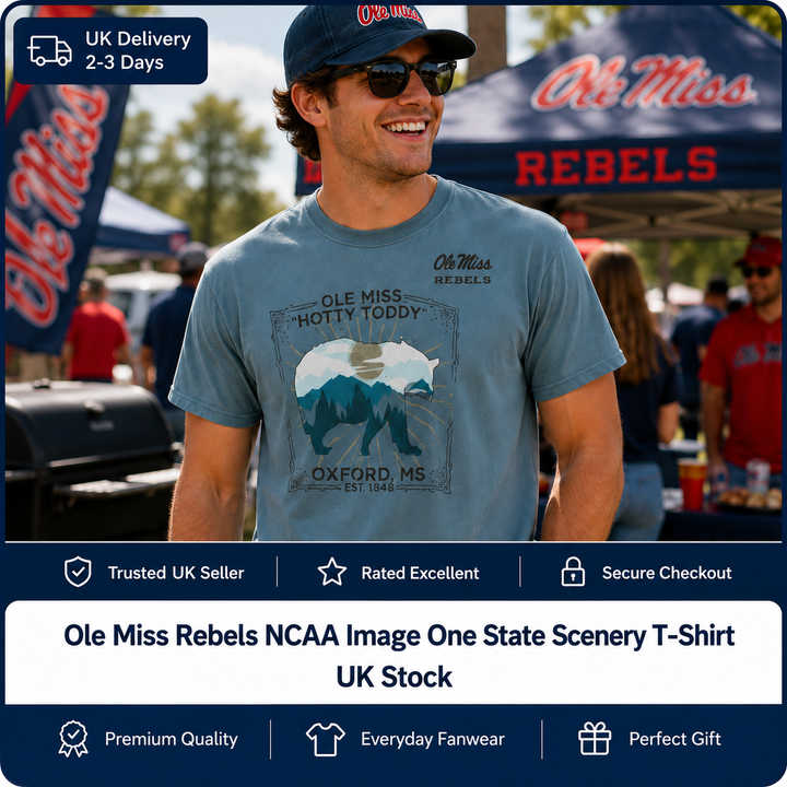 Ole Miss Rebels NCAA Image One State Scenery T-Shirt – Blue – Large (UK Stock)