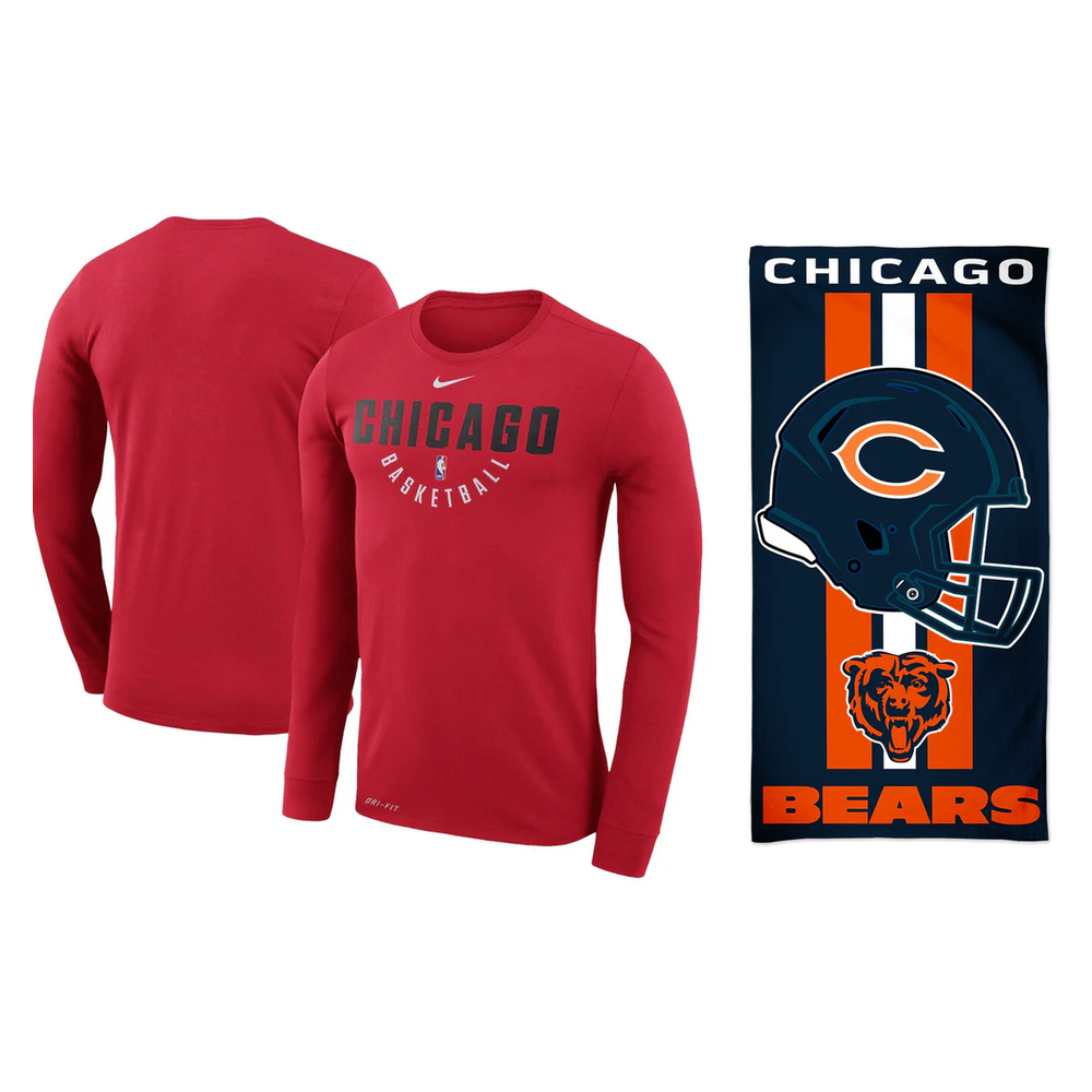 Chicago Bulls NBA Long Sleeve T-Shirt + Chicago Bears NFL Towel Bundle – 2XL (UK Stock) - UKASSNI