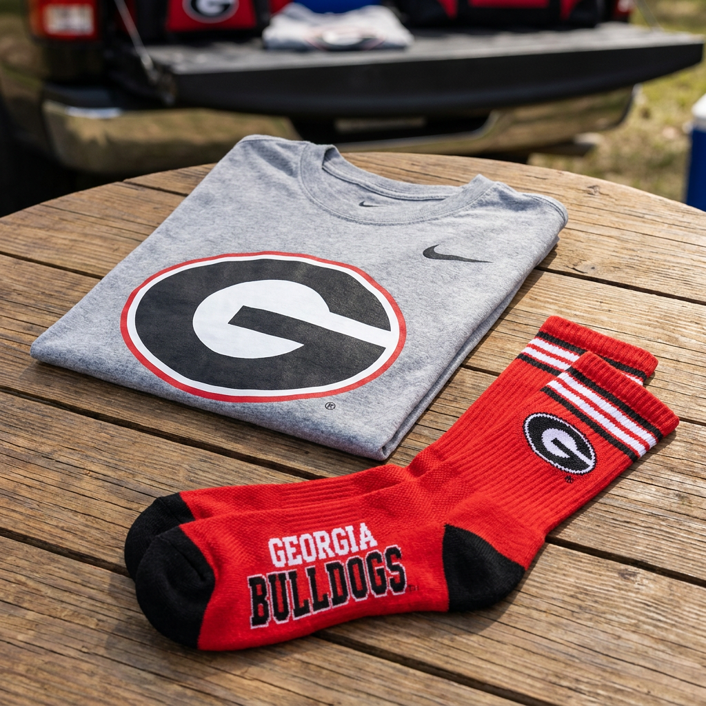 Georgia Bulldogs T-Shirt &amp; Socks Set – NCAA Nike Logo – Grey/Red (Fast Dispatch)
