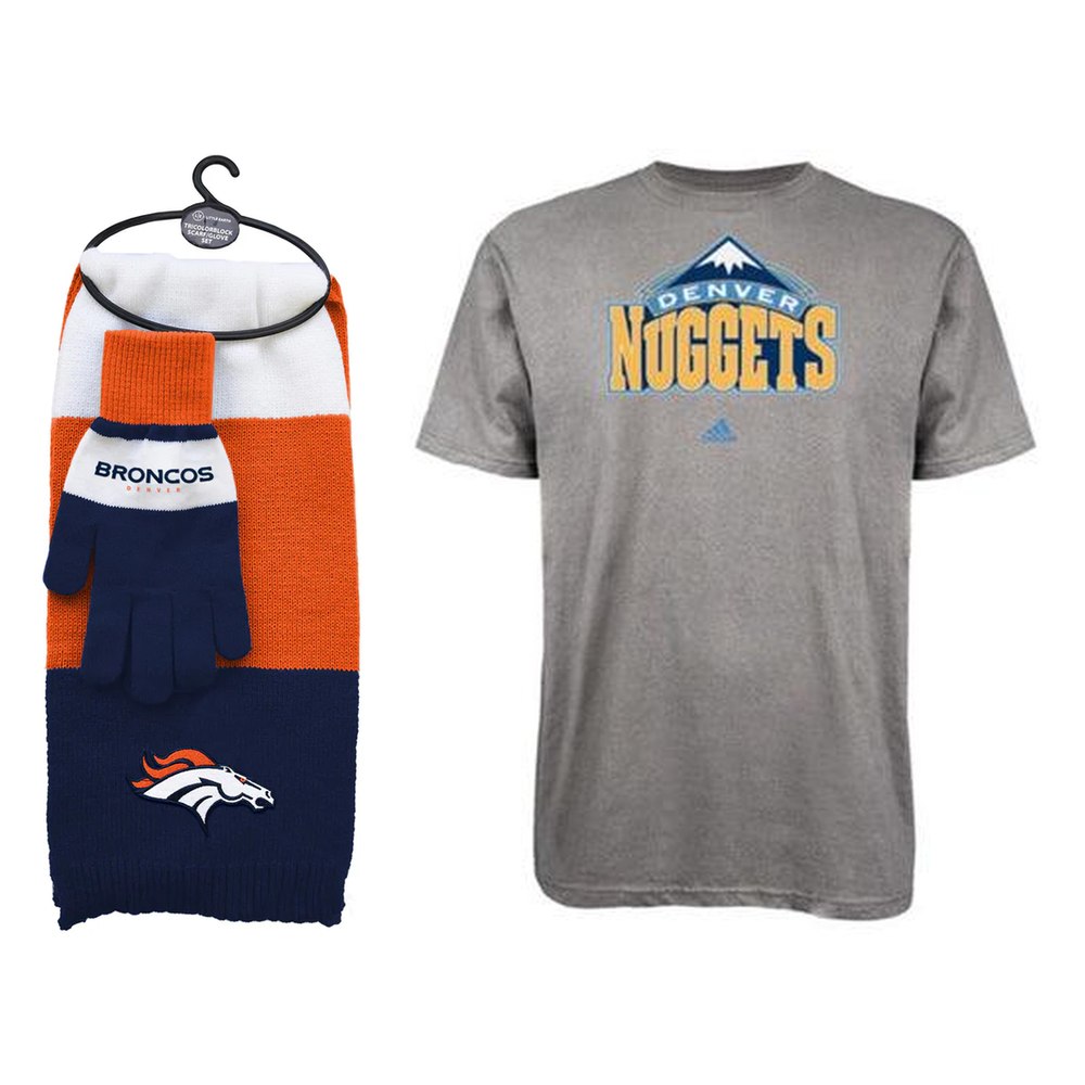 Denver Broncos NFL Scarf & Glove Set + Denver Nuggets NBA T-Shirt Bundle – Small (UK Stock) - UKASSNI
