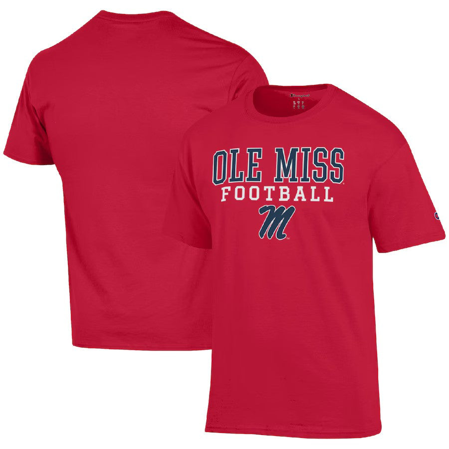 Ole Miss Rebels Champion Football Stack T-Shirt - Red - UKASSNI