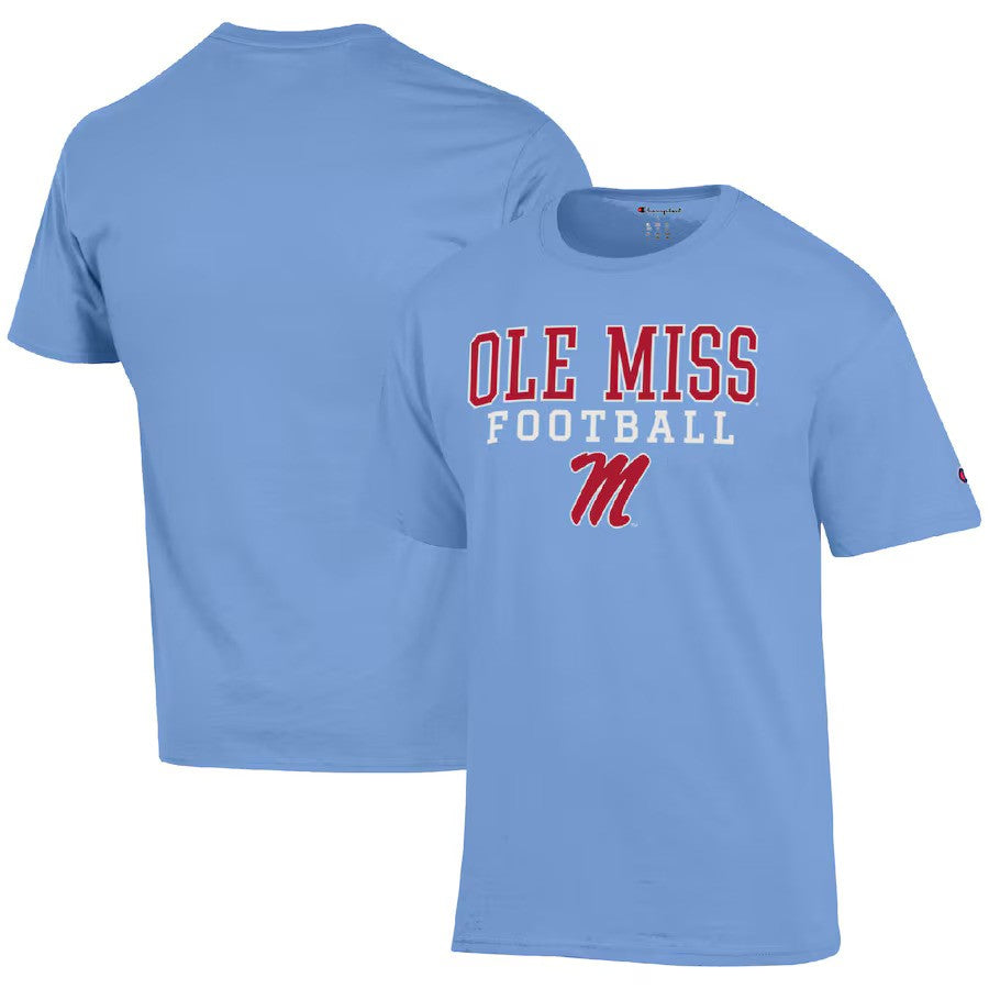 Ole Miss Rebels Champion Football Stack T-Shirt - Powder Blue - UKASSNI