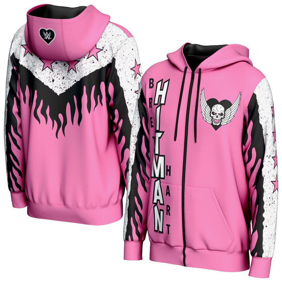 Bret Hart WWE ProSphere Hitman Flames Full-Zip Hoodie – Pink (USA Stock) - UKASSNI