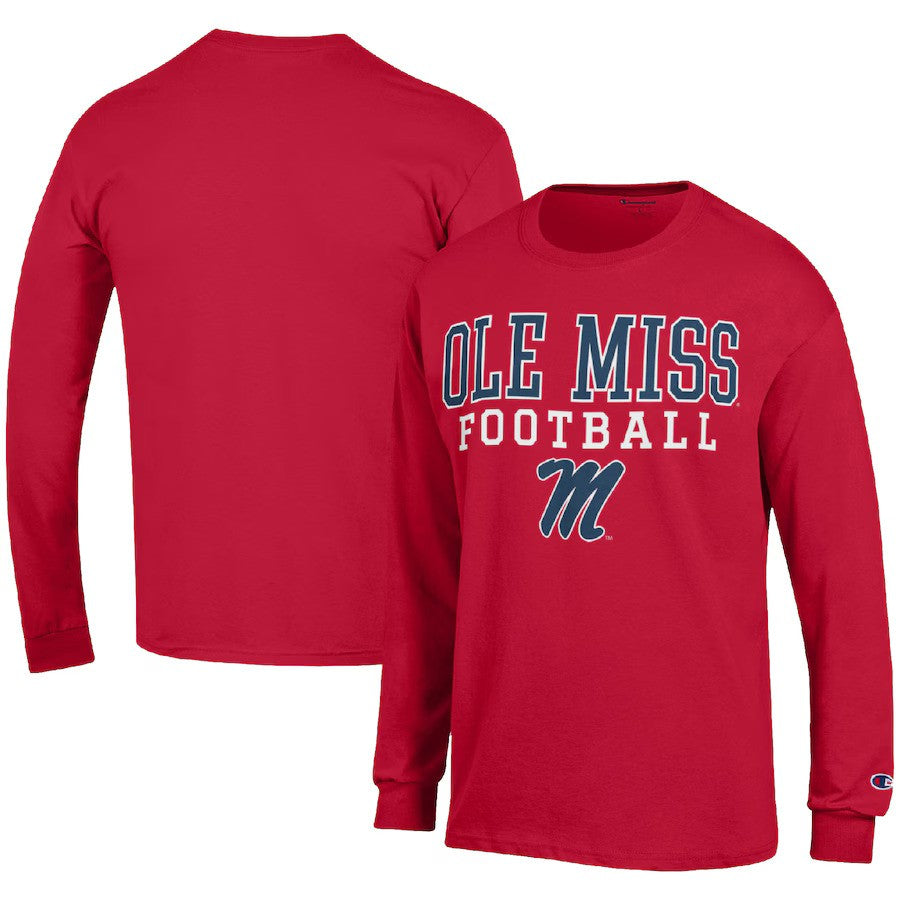 Ole Miss Rebels Champion Football Stack Long Sleeve T-Shirt - Red - UKASSNI
