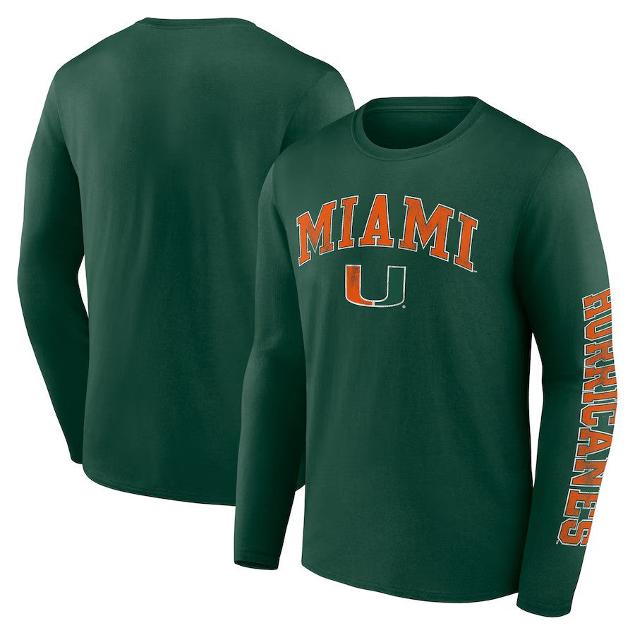 Miami Hurricanes Fanatics Distressed Arch Over Logo Long Sleeve T-Shirt - Green - UKASSNI