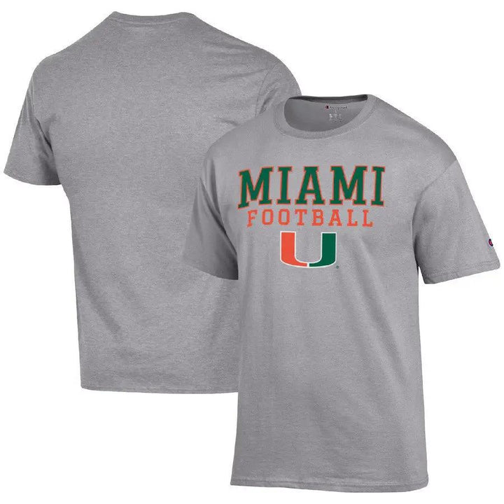 Miami Hurricanes T-Shirt – Miami Hurricanes Champion Football – Heather Gray (USA Sourced) - UKASSNI
