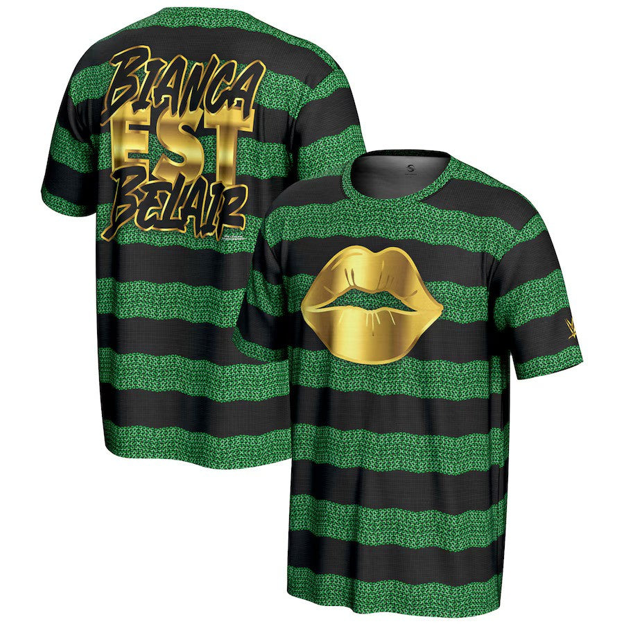 Bianca Belair WWE ProSphere Gold Lips T-Shirt - Green/Black - UKASSNI