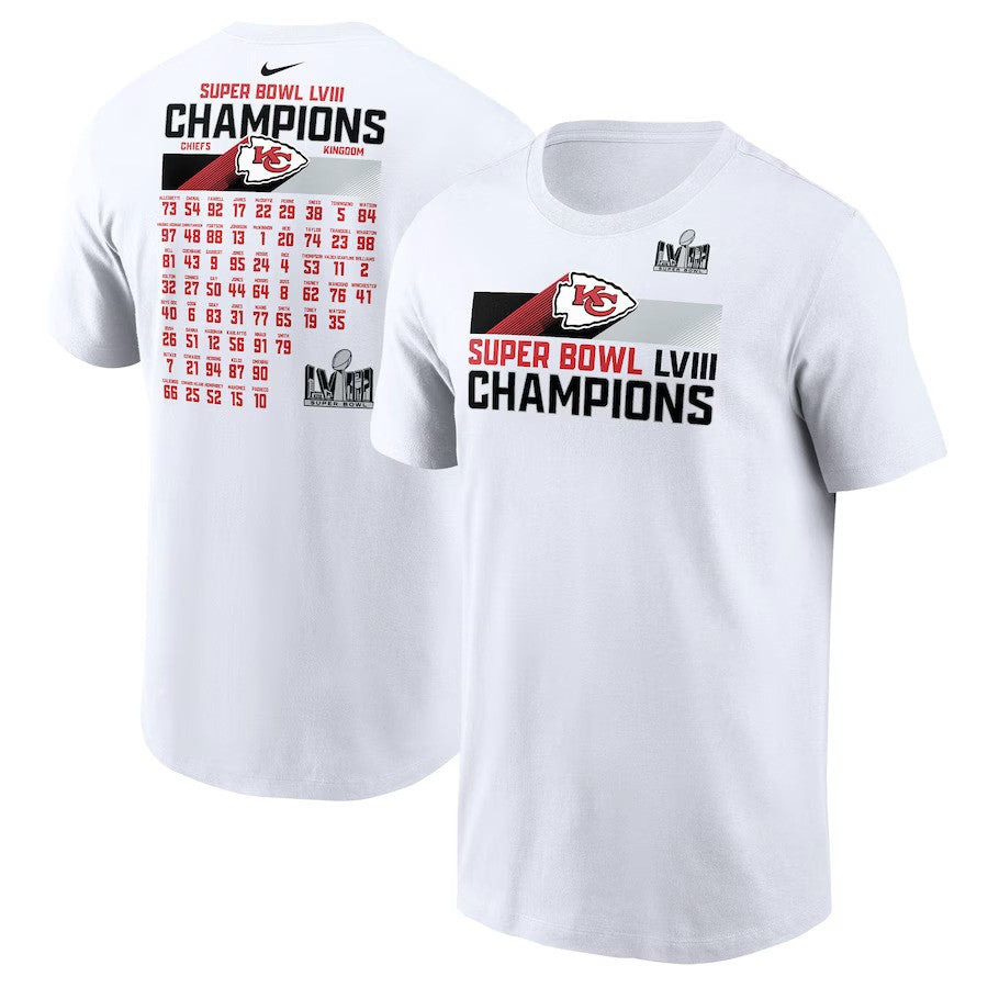 Kansas City Chiefs Nike Super Bowl LVIII Champions Roster T-Shirt - White - UKASSNI