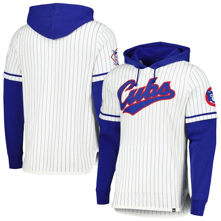 Chicago Cubs '47 Pinstripe Double Header Pullover Hoodie - White - UKASSNI