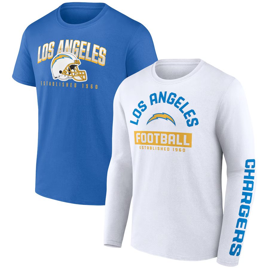 Los Angeles Chargers NFL UK Fanatics Branded Long and Short Sleeve Two-Pack T-Shirt - Powder Blue/White - UKASSNI