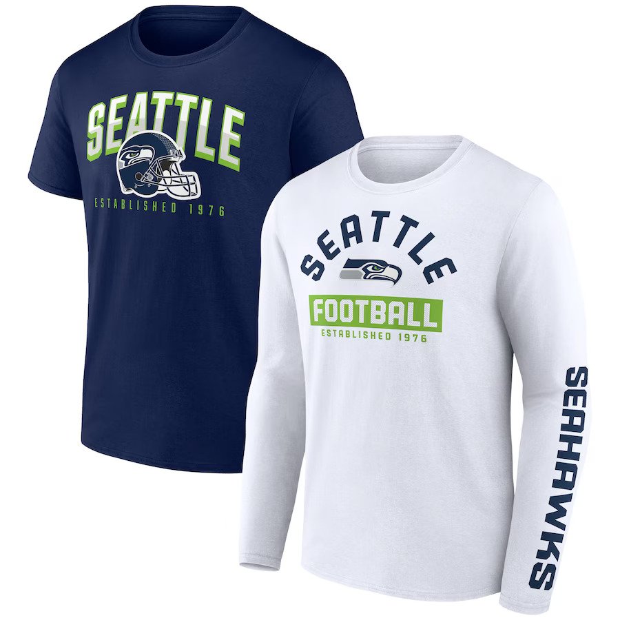 Seattle Seahawks UK Large Fanatics Branded Long & Short Sleeve Two-Pack T-Shirt – College Navy/White (UK Stock) - UKASSNI