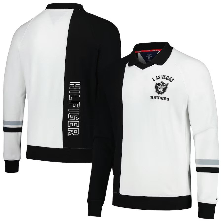 Las Vegas Raiders Tommy Hilfiger Spencer Color Block Polo Raglan Pullover Sweatshirt - Black/White - UKASSNI