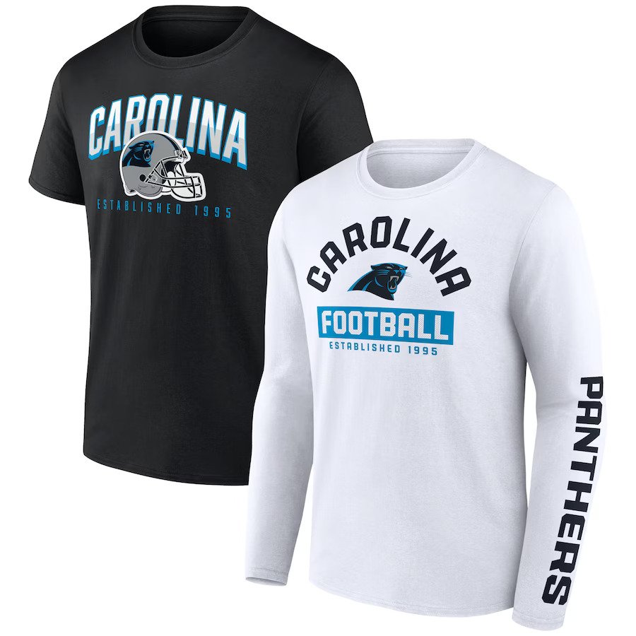 Carolina Panthers NFL UK Fanatics Branded Long and Short Sleeve Two-Pack T-Shirt - Black/White - UKASSNI