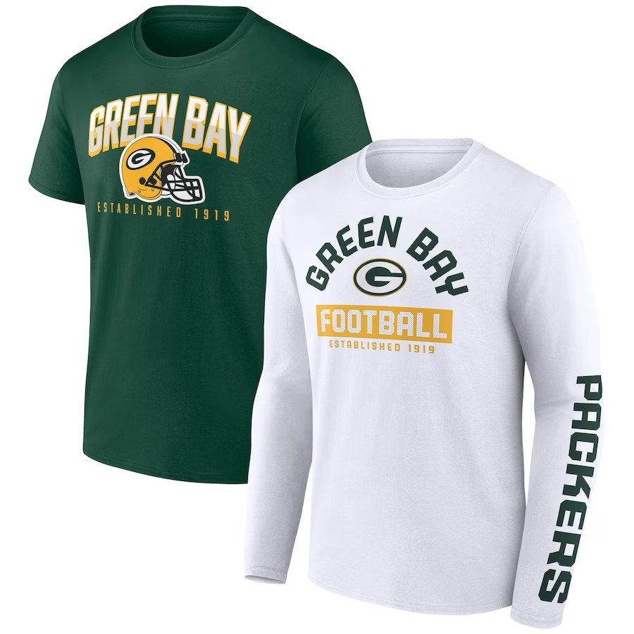 Green Bay Packers Fanatics Branded Long & Short Sleeve 2‑Pack T‑Shirts – Green/White (UK Stock) - UKASSNI