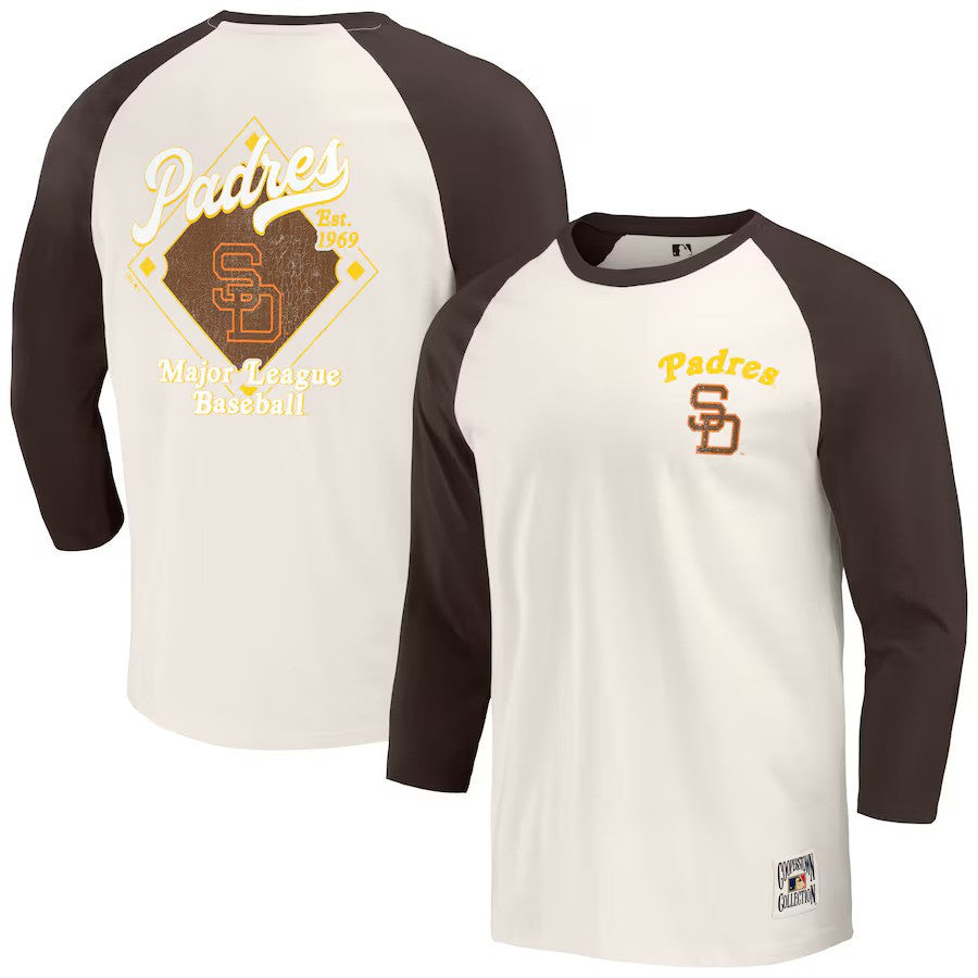 San Diego Padres Darius Rucker Collection by Fanatics Cooperstown Collection Raglan 3/4-Sleeve T-Shirt - Brown/White - UKASSNI