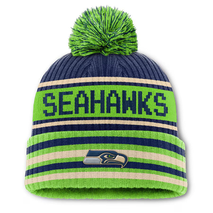 Seattle Seahawks Fanatics Blindside Cuffed Knit Hat with Pom - College Navy/Neon Green - UKASSNI