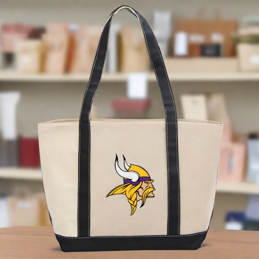 Minnesota Vikings Canvas Tote Bag - Logo Brands - Durable Fabric - Spacious Compartment - Long Handles - Officially Licensed - UKASSNI