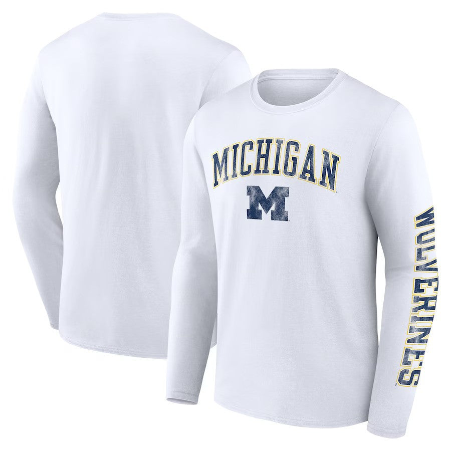 Michigan Wolverines Fanatics Branded Distressed Arch Over Logo Long Sleeve T-Shirt - White - UKASSNI