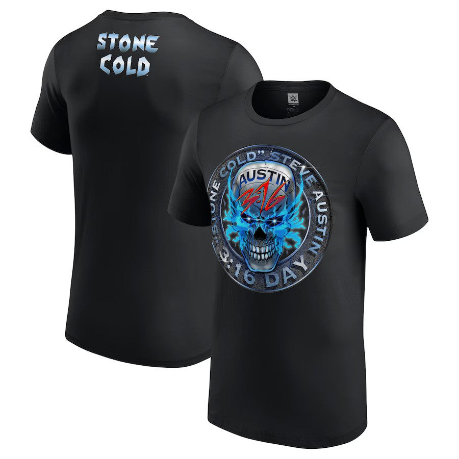 "Stone Cold" Steve Austin Metal Glowing Skull 3:16 Day T-Shirt - Black - UKASSNI