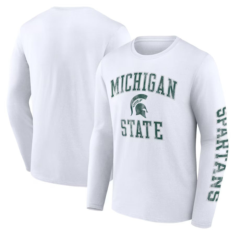 Michigan State Spartans Fanatics Branded Distressed Arch Over Logo Long Sleeve T-Shirt - White - UKASSNI