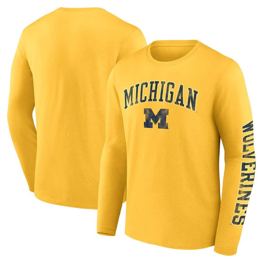 Michigan Wolverines Fanatics Branded Distressed Arch Over Logo Long Sleeve T-Shirt - Maize - UKASSNI