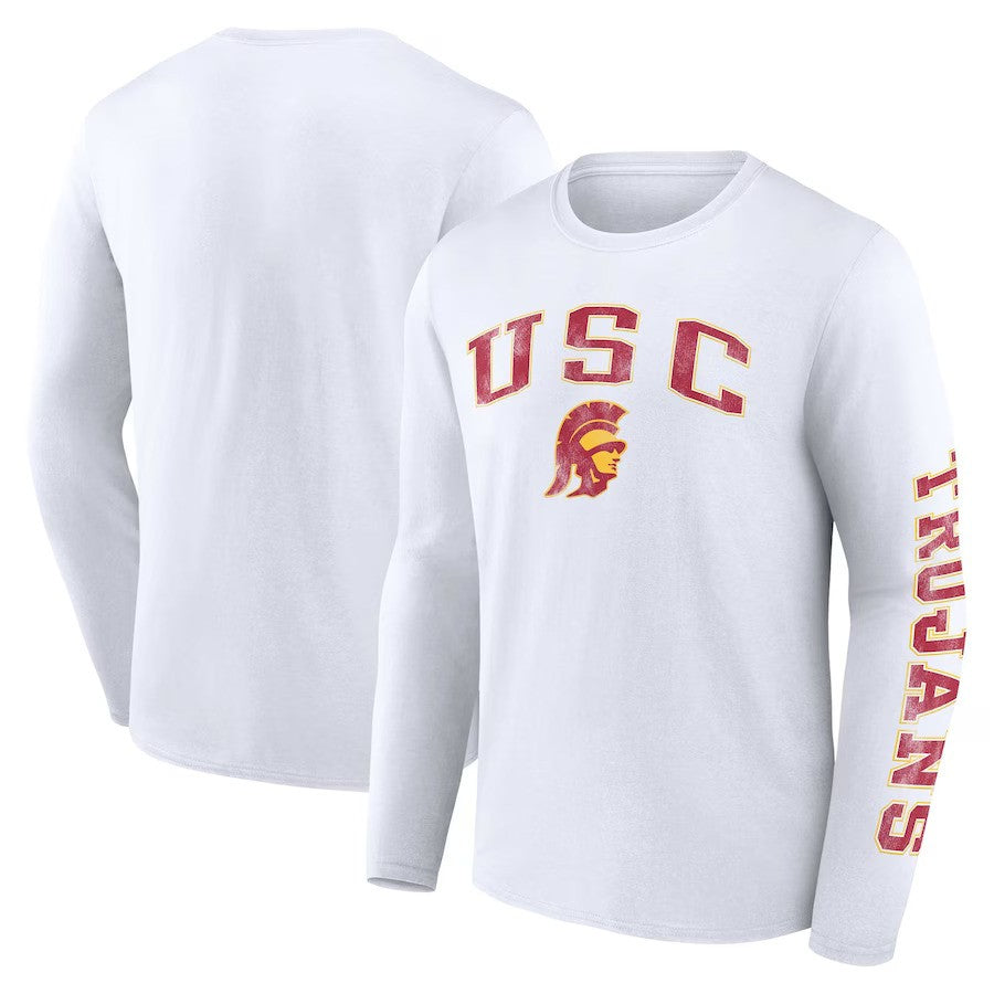USC Trojans Fanatics Branded Distressed Arch Over Logo Long Sleeve T-Shirt - White - UKASSNI