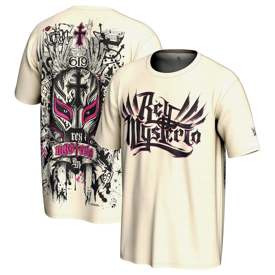 Rey Mysterio WWE ProSphere Graffiti Mask T-Shirt – Cream (USA Stock) - UKASSNI