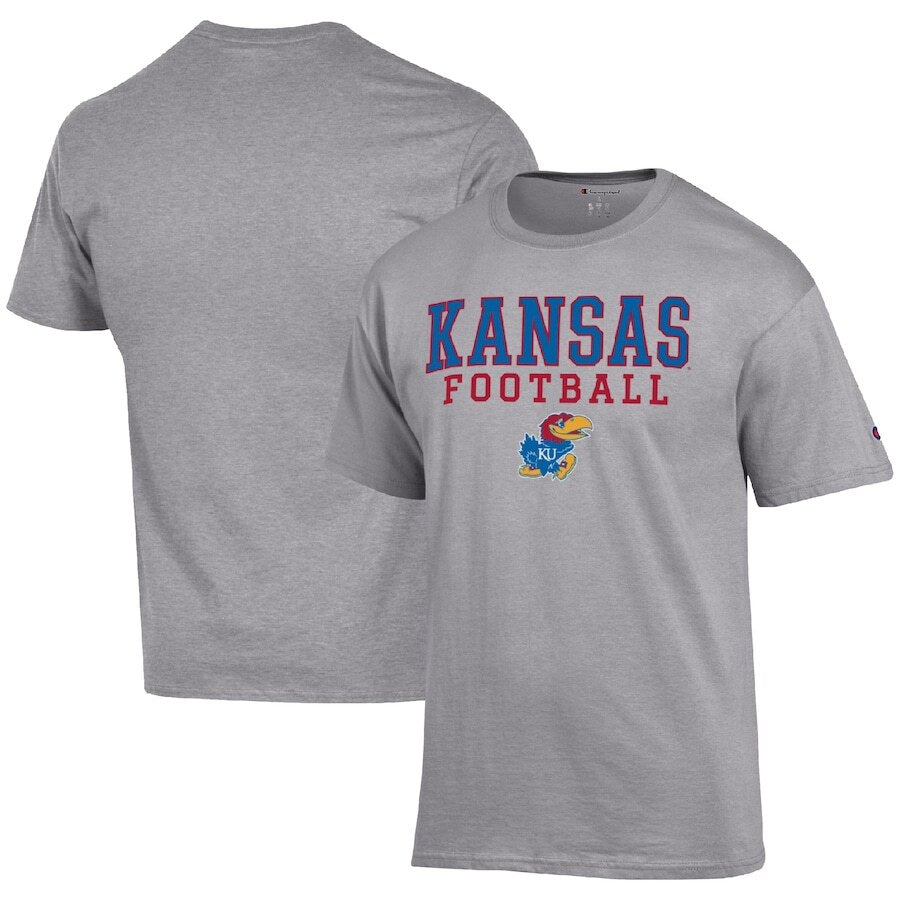 Kansas Jayhawks Champion Football Stack T-Shirt - Heather Gray - UKASSNI