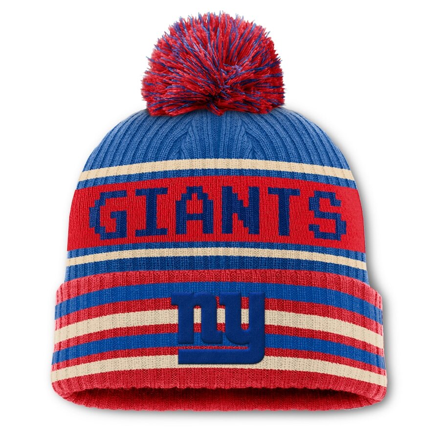 New York Giants Fanatics Blindside Cuffed Knit Hat with Pom - Royal/Red - UKASSNI