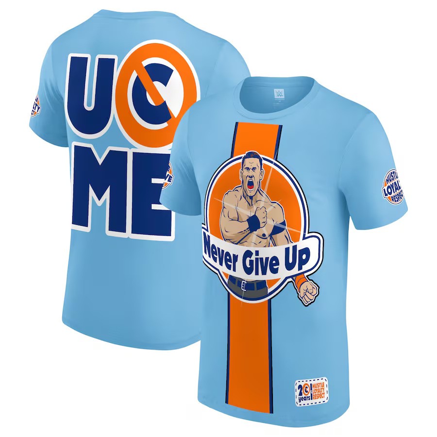 John Cena Never Give Up T-Shirt - Light Blue/Orange - UKASSNI