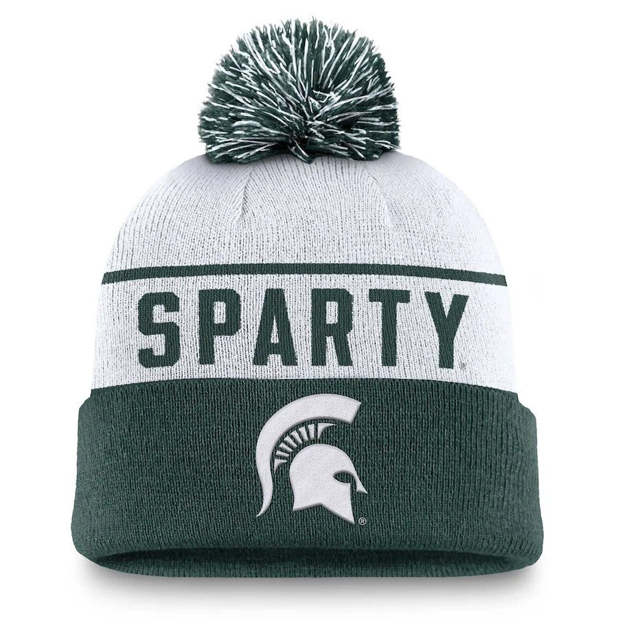 Michigan State Spartans NCAA Nike Local Peak Cuffed Knit Hat with Pom – White/Green (UK Stock) - UKASSNI