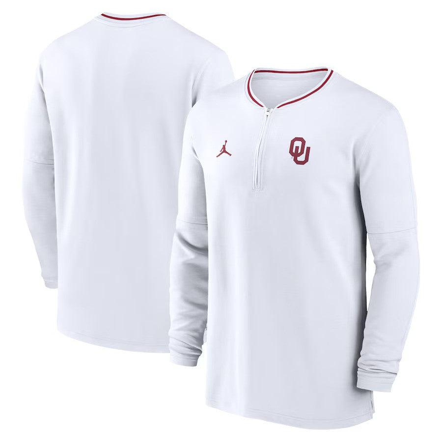 Oklahoma Sooners Jordan Brand 2024 Sideline Coach Performance Half-Zip Long Sleeve Top - White - UKASSNI