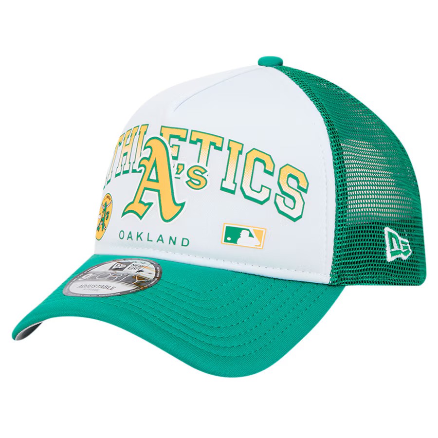 Oakland Athletics New Era Retro Wordmark 9FORTY A-Frame Trucker Adjustable Hat - White - UKASSNI