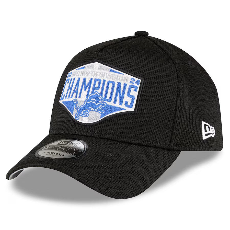 Detroit Lions NFL New Era 2024 NFC North Division Champions Locker Room 9FORTY A-Frame Adjustable Hat - Black - UKASSNI