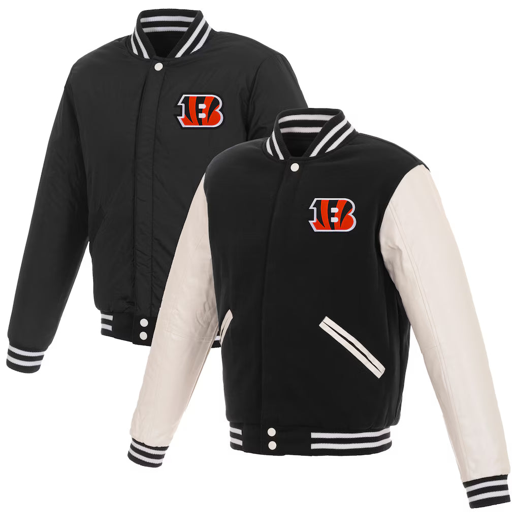 Cincinnati Bengals NFL JH Design Reversible Fleece Full-Snap Jacket with Faux Leather Sleeves – Black/White (USA Stock) - UKASSNI