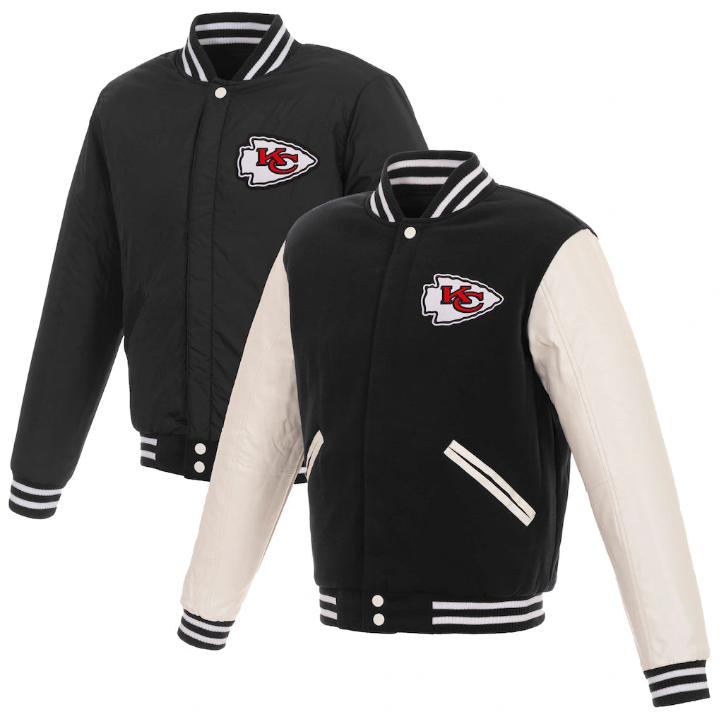 Kansas City Chiefs NFL JH Design Reversible Fleece Full-Snap Jacket with Faux Leather Sleeves – Black/White (USA Stock) - UKASSNI