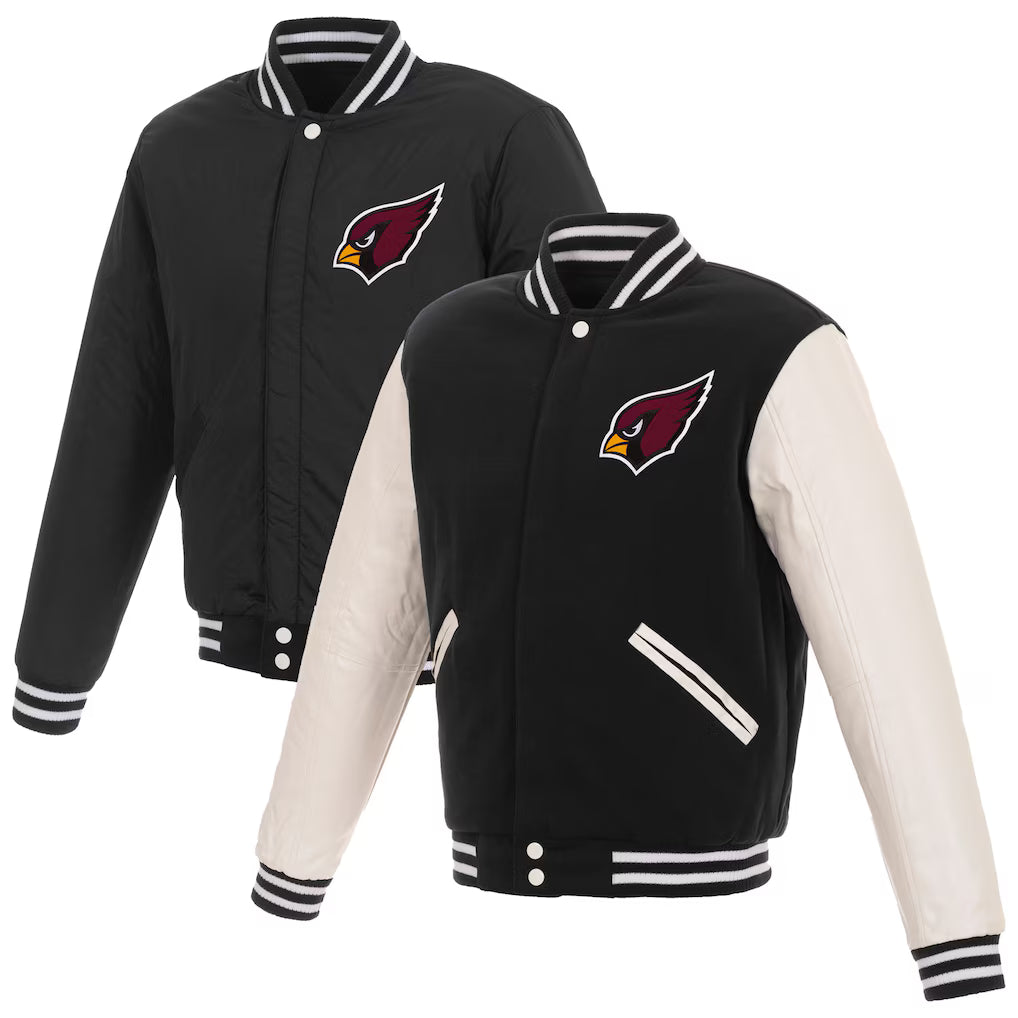 Arizona Cardinals NFL JH Design Reversible Fleece Full-Snap Jacket with Faux Leather Sleeves – Black/White (USA Stock) - UKASSNI