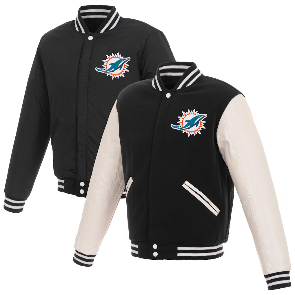 Miami Dolphins NFL JH Design Reversible Fleece Full-Snap Jacket with Faux Leather Sleeves – Black/White (USA Stock) - UKASSNI