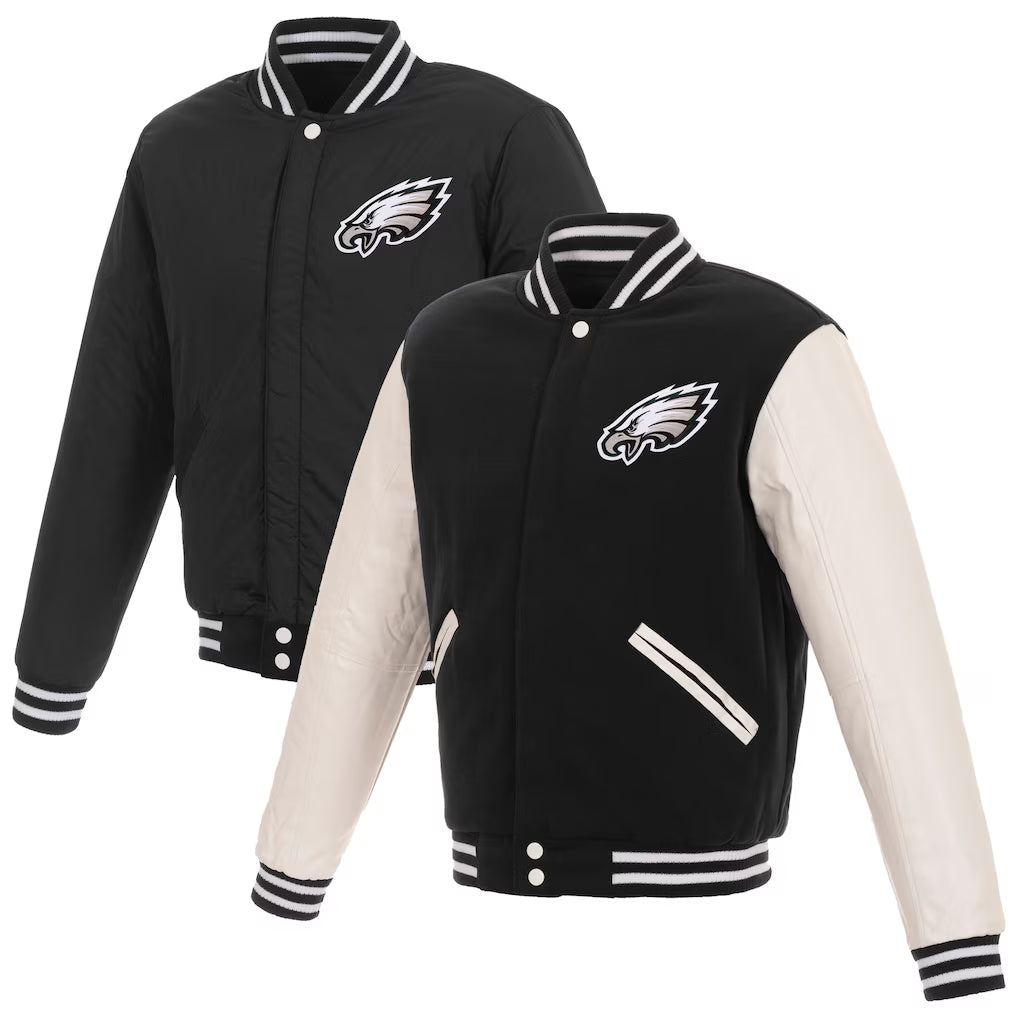 Philadelphia Eagles NFL JH Design Reversible Fleece Full-Snap Jacket with Faux Leather Sleeves – Black/White (USA Stock) - UKASSNI