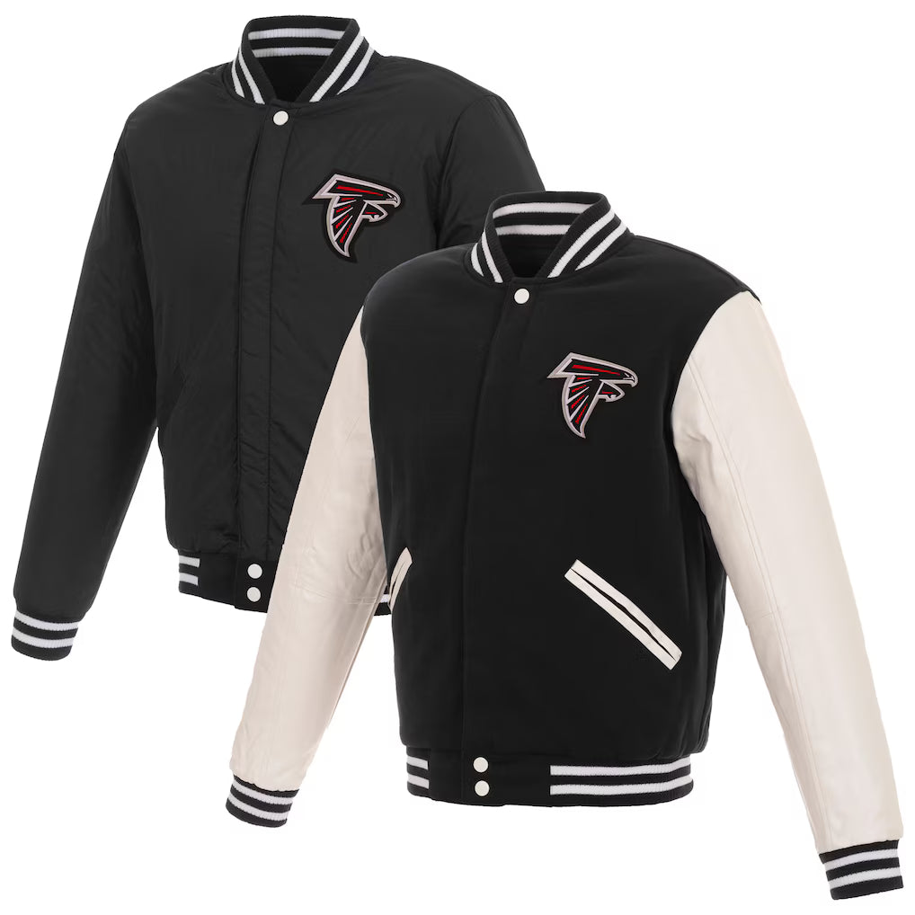 Atlanta Falcons NFL JH Design Reversible Fleece Full-Snap Jacket with Faux Leather Sleeves – Black/White (USA Stock) - UKASSNI