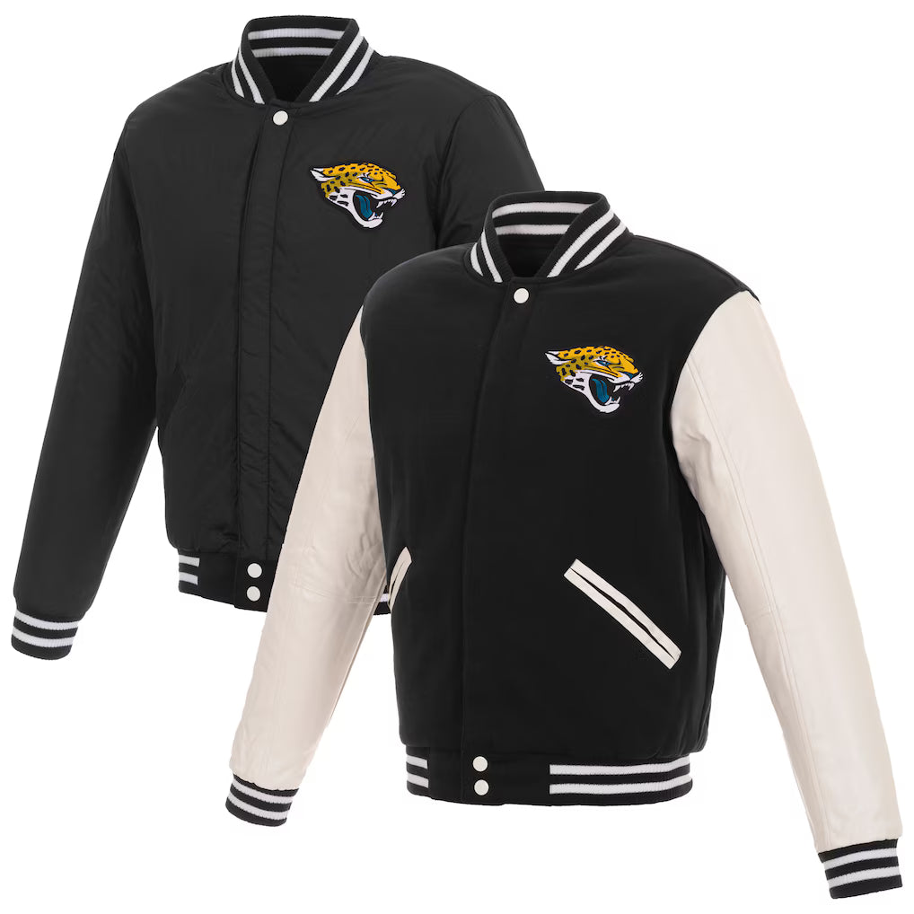 Jacksonville Jaguars NFL JH Design Reversible Fleece Full-Snap Jacket with Faux Leather Sleeves – Black/White (USA Stock) - UKASSNI
