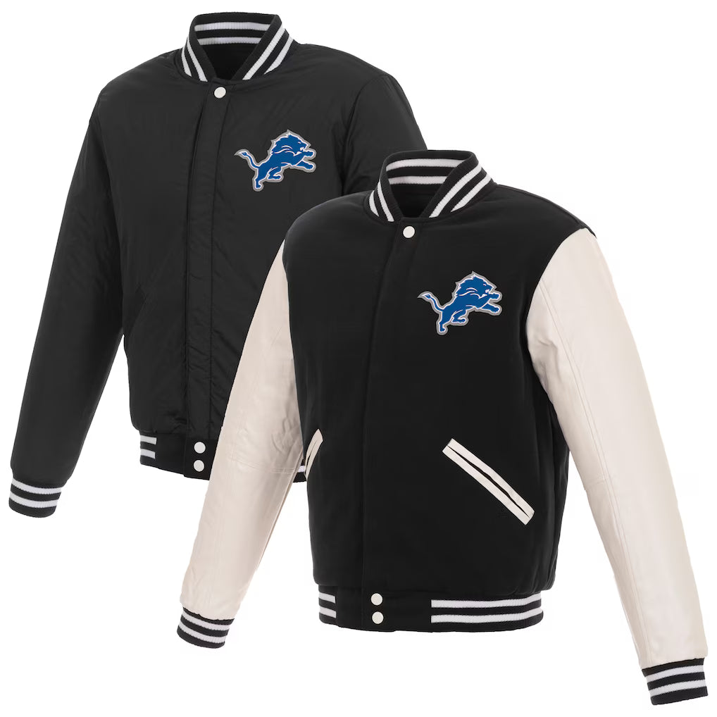 Detroit Lions NFL JH Design Reversible Fleece Full-Snap Jacket with Faux Leather Sleeves – Black/White (USA Stock) - UKASSNI